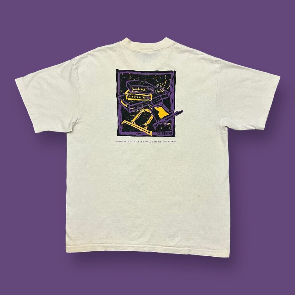 Vintage Thrashed Shirt 80s Computer Technology Kingston Graphic Tee Faded White